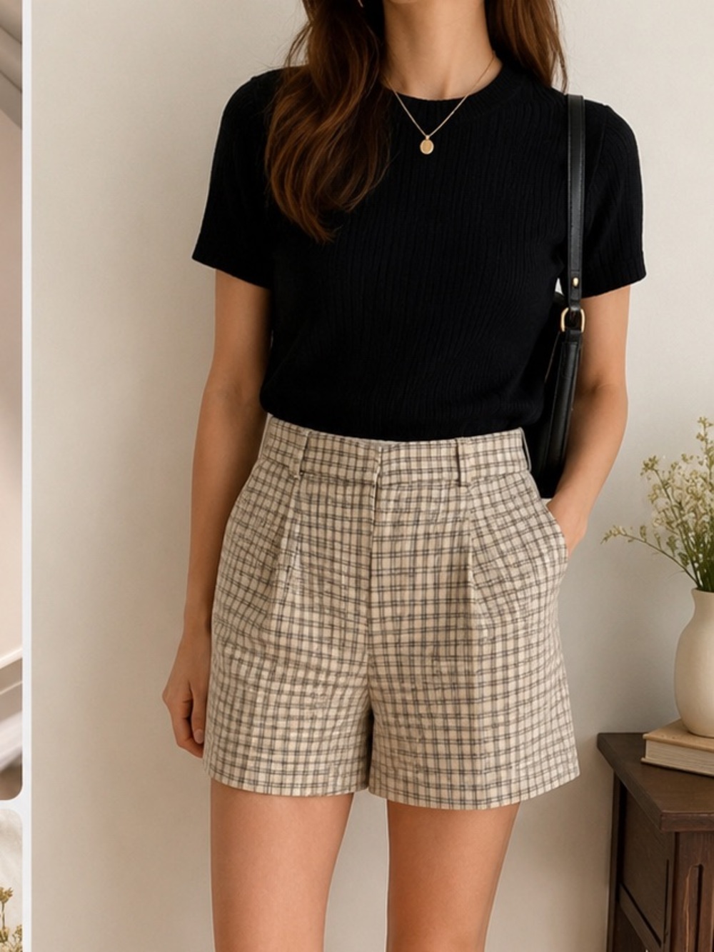Sunday Best Cream and Black Checked High-Waist Pleated Short